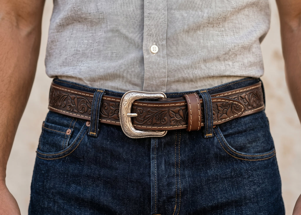Man wearing a dark brown tooled leather western belt with dark jeans and a gray shirt