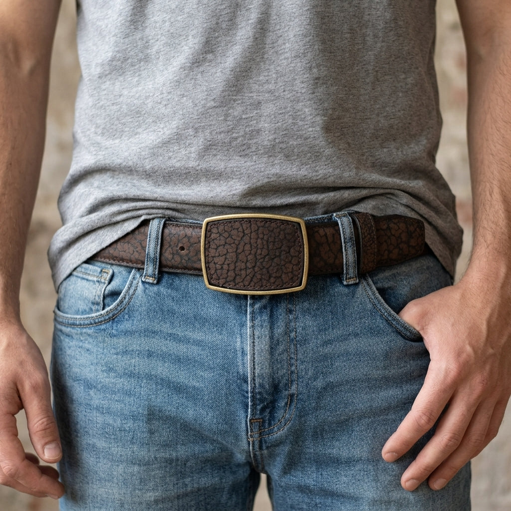 Man wearing jeans and a dark brown bull neck texture western belt with a gold-tone buckle