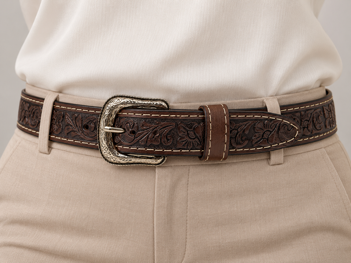 Woman wearing a dark brown tooled leather western belt with an ivory blouse and beige trousers
