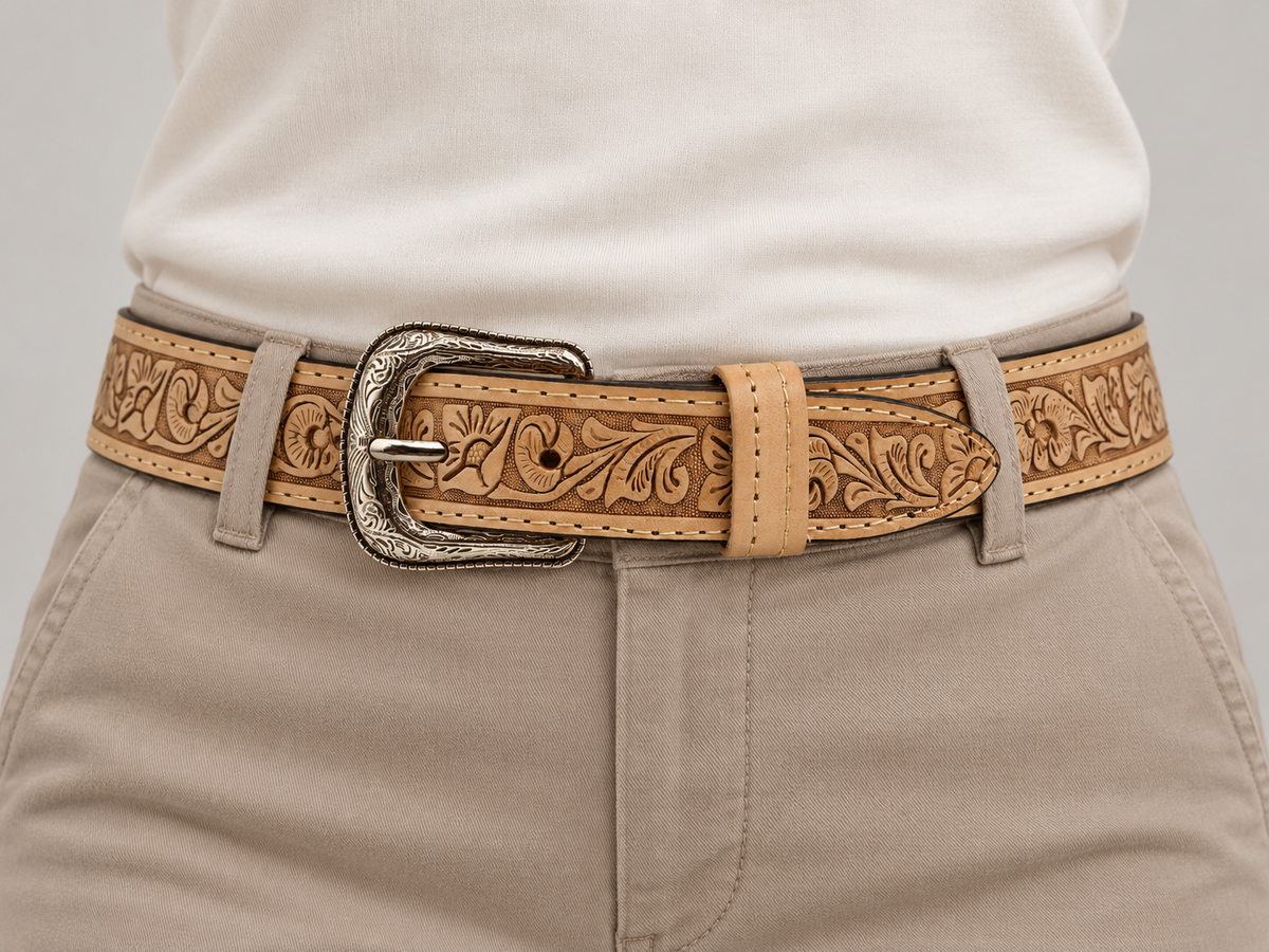 Women's natural beige tooled leather belt with floral pattern, worn with a white T-shirt and khaki chinos