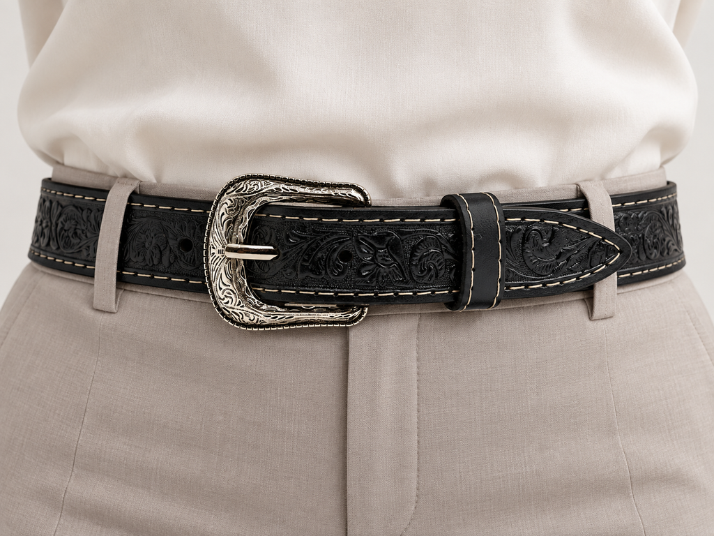 Woman wearing a black tooled leather western belt with silver-tone buckle, ivory blouse and taupe dress pants