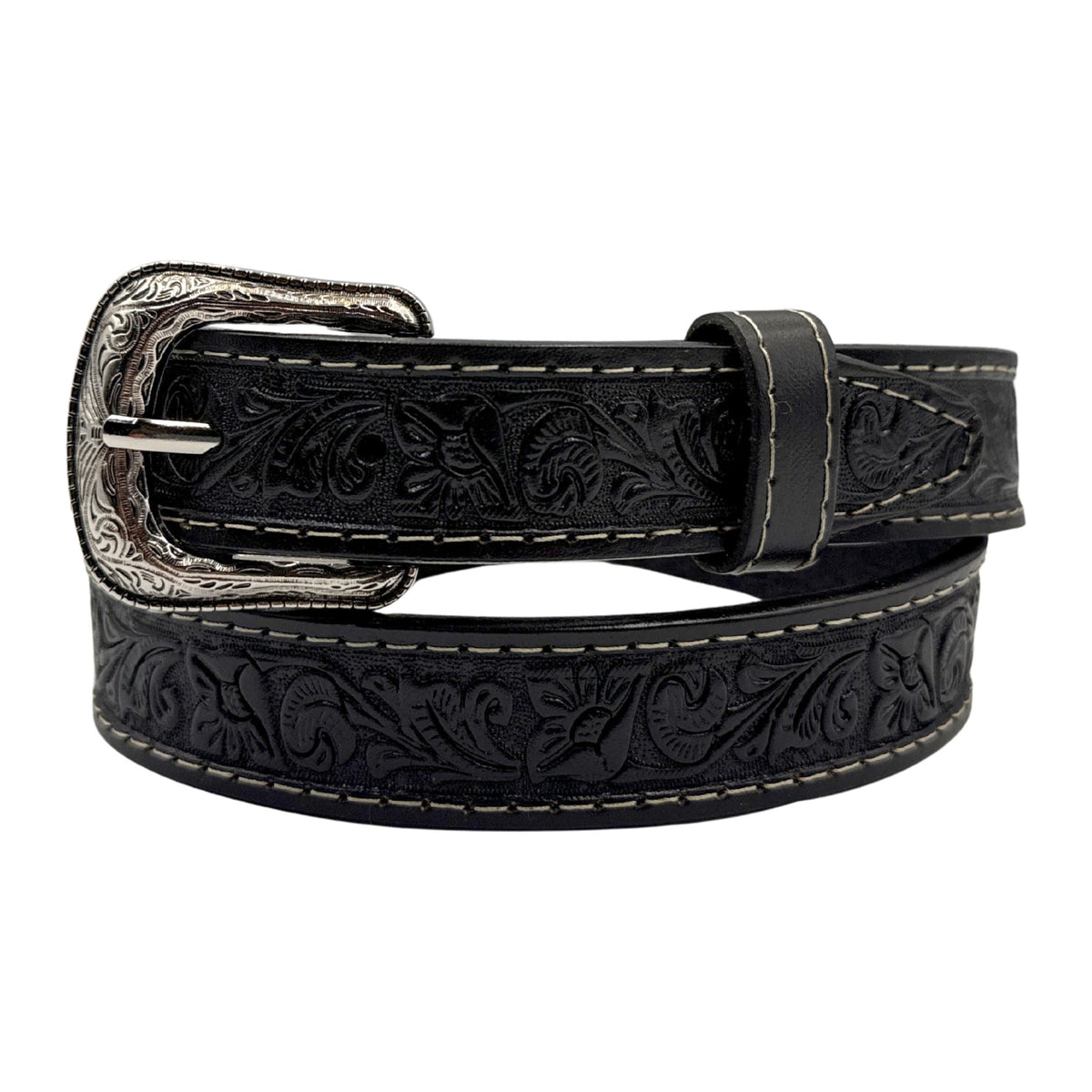 Black western belt for men and women in tooled cowhide with contrast cream stitching