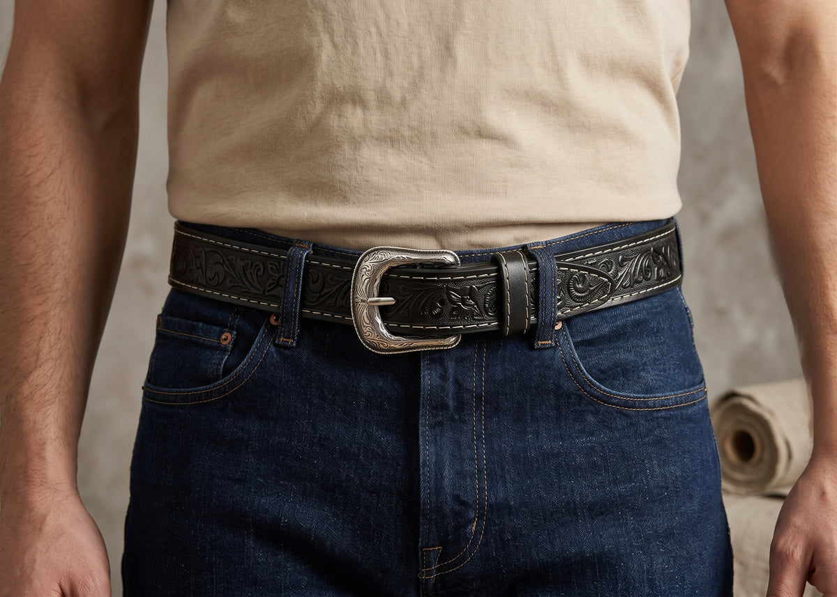 Man wearing a black tooled leather western belt with cream stitching, dark jeans and a beige T-shirt