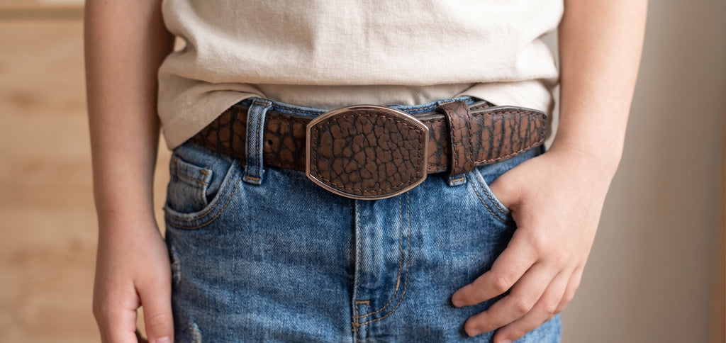 Kid wearing a dark brown 30 mm bull neck texture western belt with a shield-shaped buckle
