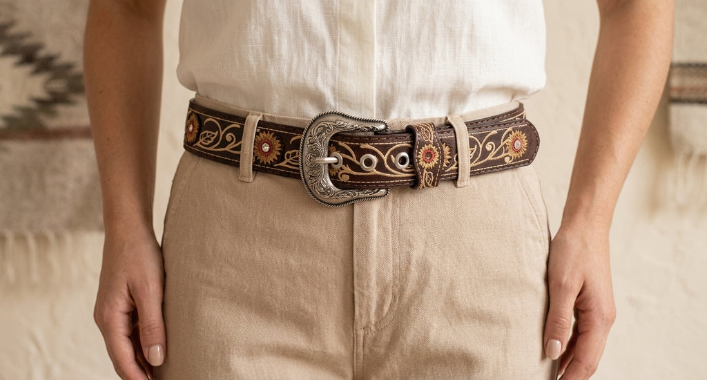 Woman wearing the brown sunflower embroidered belt with linen