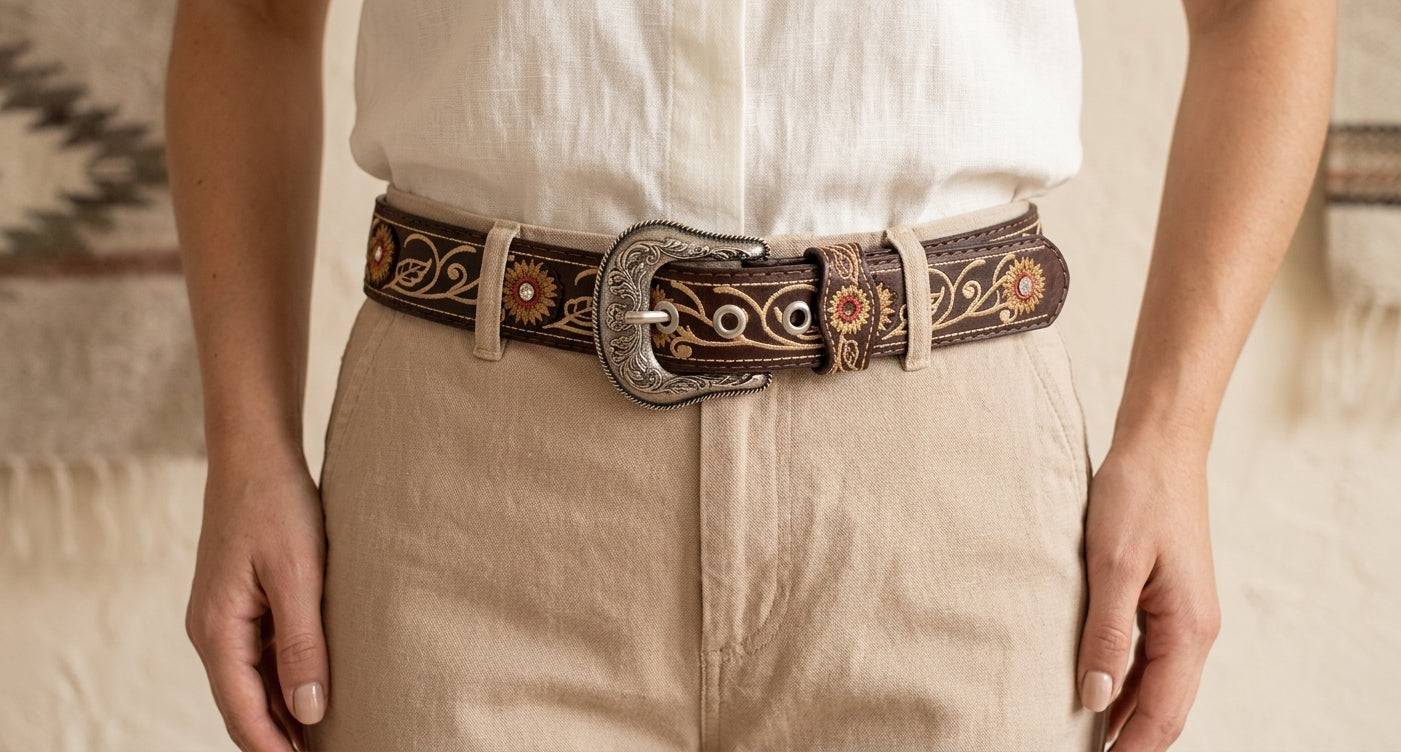 Woman wearing the brown sunflower embroidered belt with linen