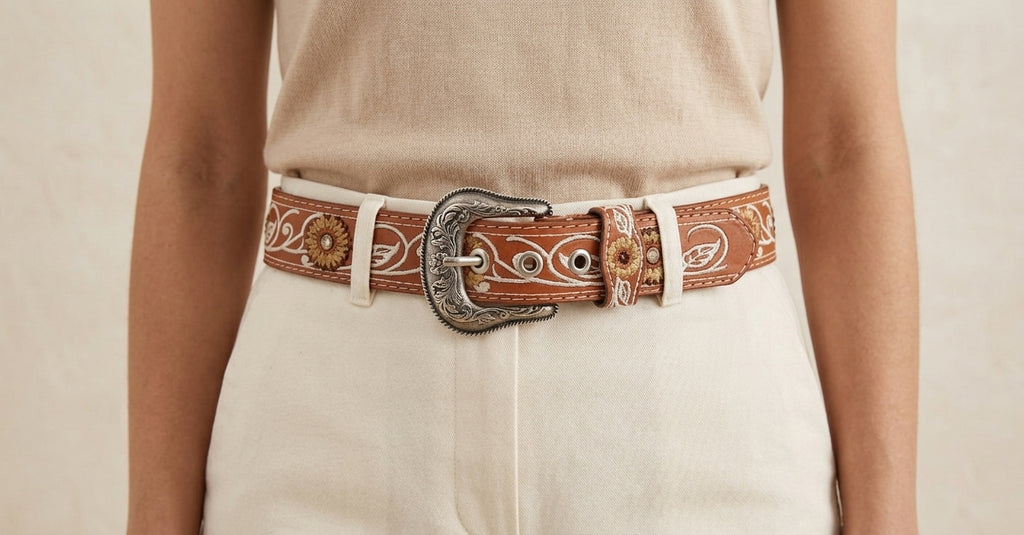 Honey sunflower embroidered leather belt worn with cream trousers