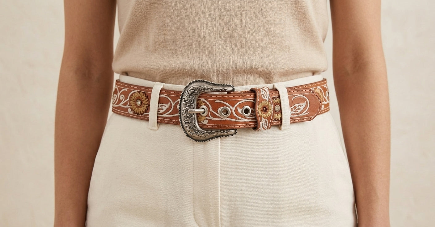 Honey sunflower embroidered leather belt worn with cream trousers