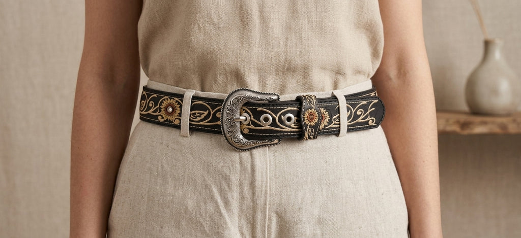 Black sunflower embroidered western belt worn with natural linen