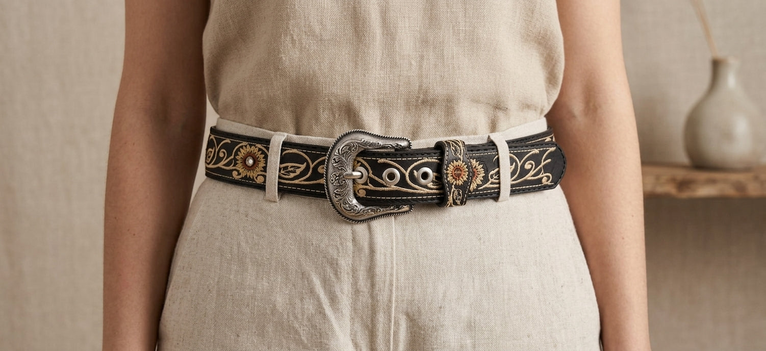 Black sunflower embroidered western belt worn with natural linen
