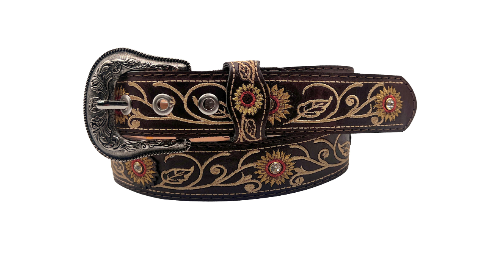 Women's sunflower embroidered leather belt in brown, 38 mm
