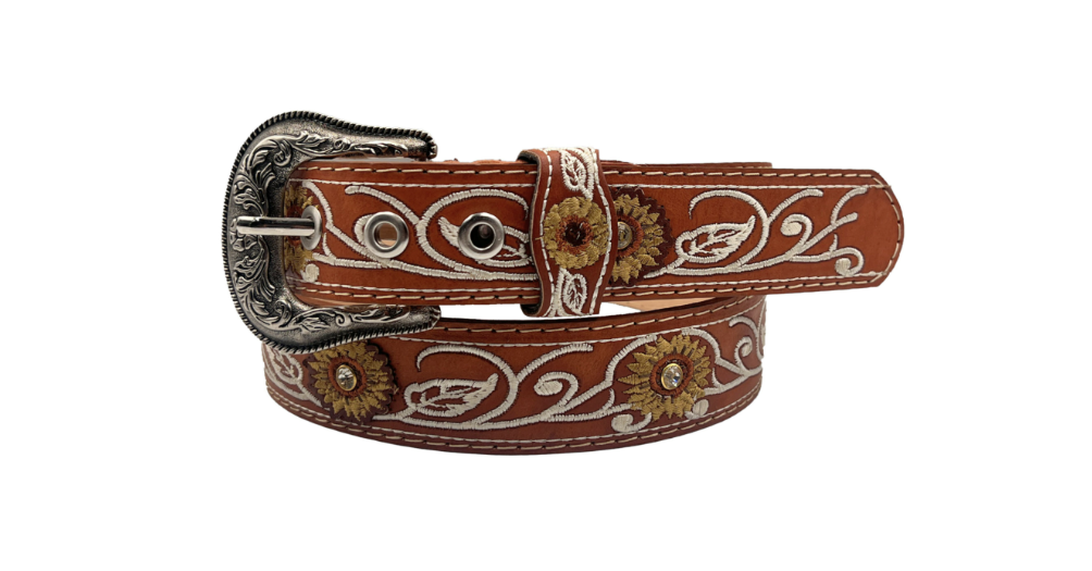 Sunflower embroidered leather belt in honey tan, 38 mm