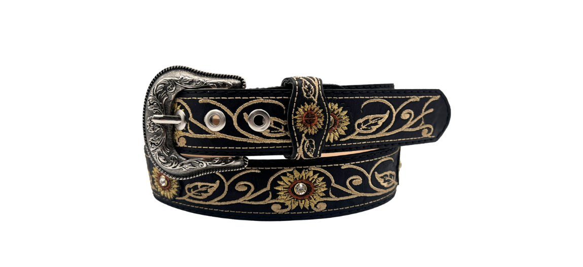 Sunflower embroidered belt in black leather with a western buckle