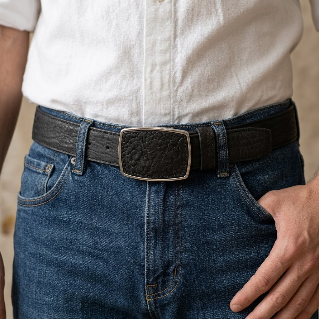 Man in a white shirt wearing a black bull neck texture leather belt with a silver-tone buckle