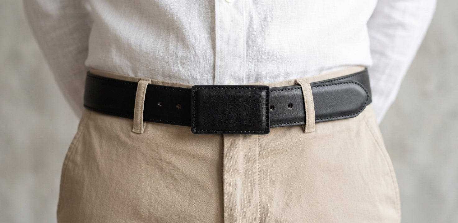 Cinturón de piel negro con hebilla forrada combinado con pantalón de vestir