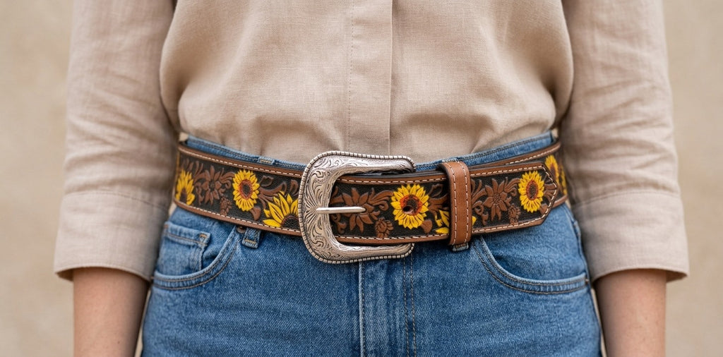 Brown sunflower leather belt worn on women's jeans
