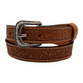 Honey tan tooled leather western belt with floral pattern and silver-tone western buckle, for men, women and kids