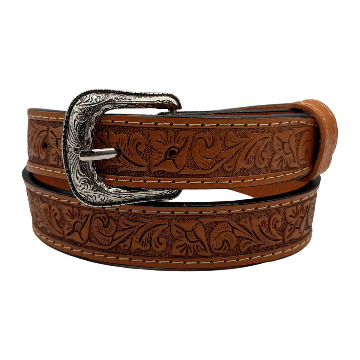 Honey tan tooled leather western belt with floral pattern and silver-tone western buckle, for men, women and kids