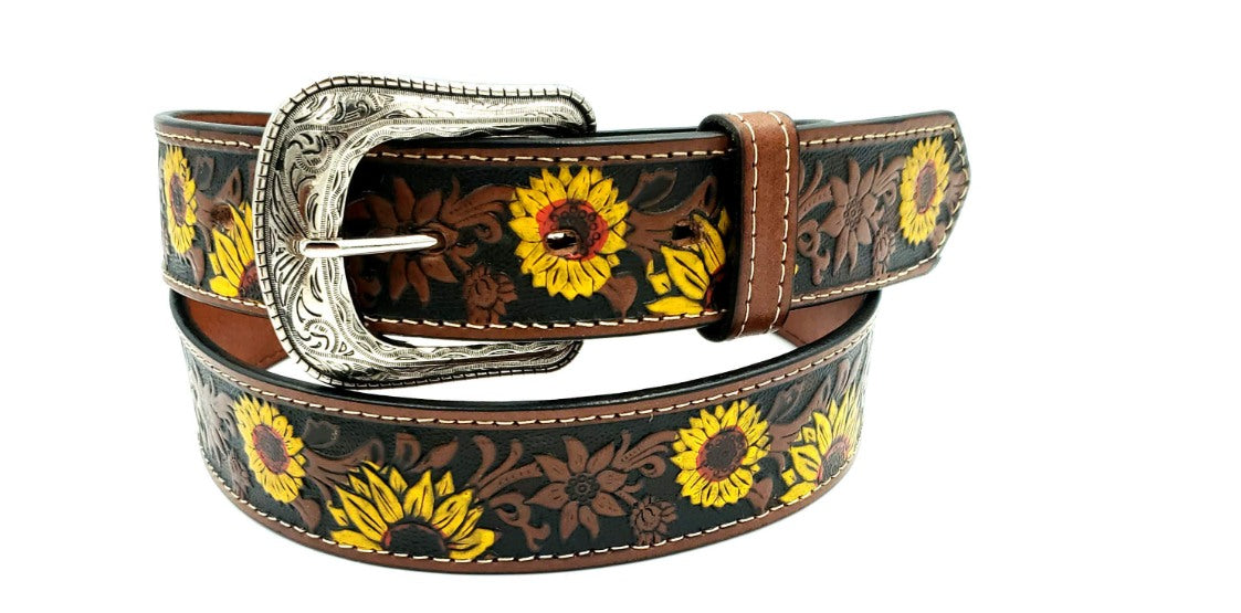 Cinturón de girasoles pintados a mano en piel marrón, 40 mm