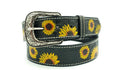 Hand-painted sunflower tooled leather belt in black, 40 mm