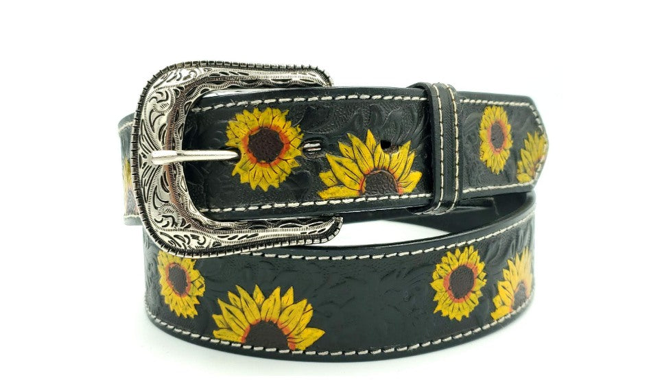 Cinturón vaquero de girasoles pintados a mano en piel negra, 40 mm