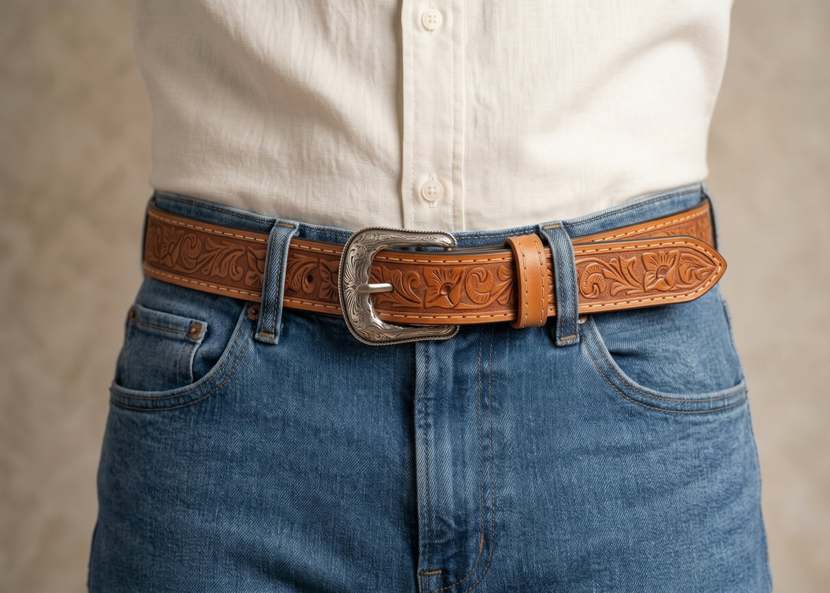 Man wearing a honey tan tooled leather western belt with medium-wash jeans and a white linen shirt
