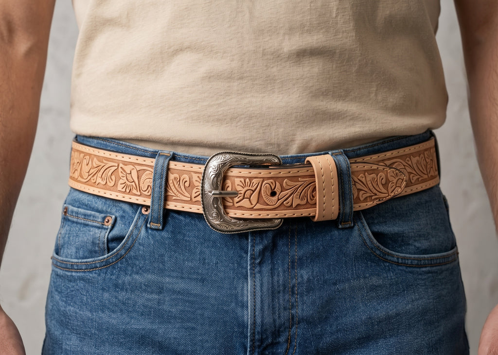 Man wearing a natural beige tooled leather belt with blue jeans and a beige T-shirt