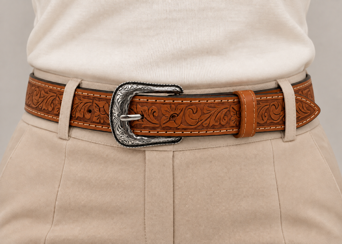 Cowgirl belt in honey tan tooled leather with floral pattern, worn with a cream blouse and beige trousers