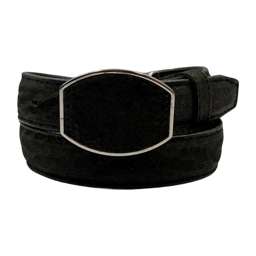 Kids black western belt with bull neck texture, 30 mm, shield-shaped buckle, sizes 22 to 32