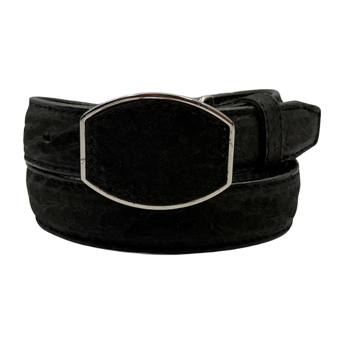 Kids black western belt with bull neck texture, 30 mm, shield-shaped buckle, sizes 22 to 32