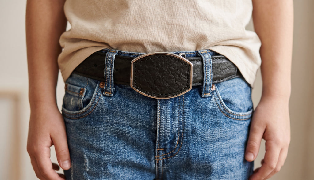 Kid wearing a black 30 mm bull neck texture western belt with a shield-shaped buckle