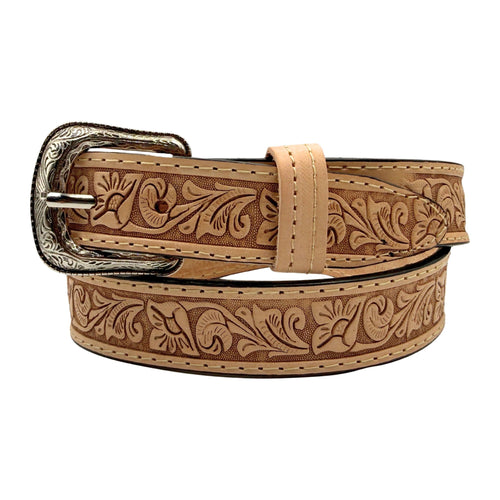 Kids and adult western belt in natural light beige tooled leather, with stitched keeper and pointed tip