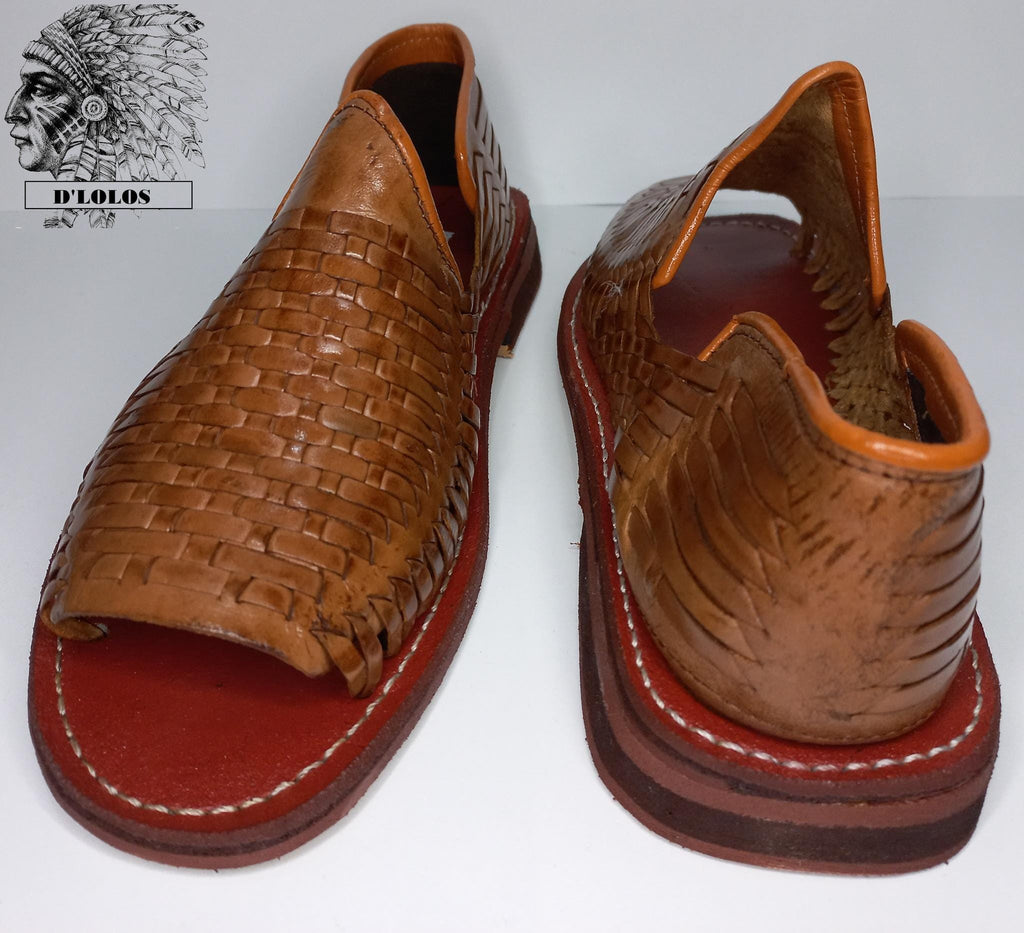 Men's open-toe huaraches, woven leather, honey or reddish brown, comfortable slip-ons, made in Mexico