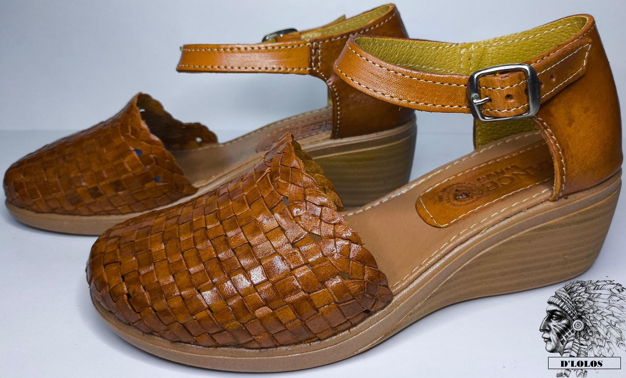 Women's lightweight platform huaraches closed toe braided brown leather adjustable ankle strap handmade Mexico