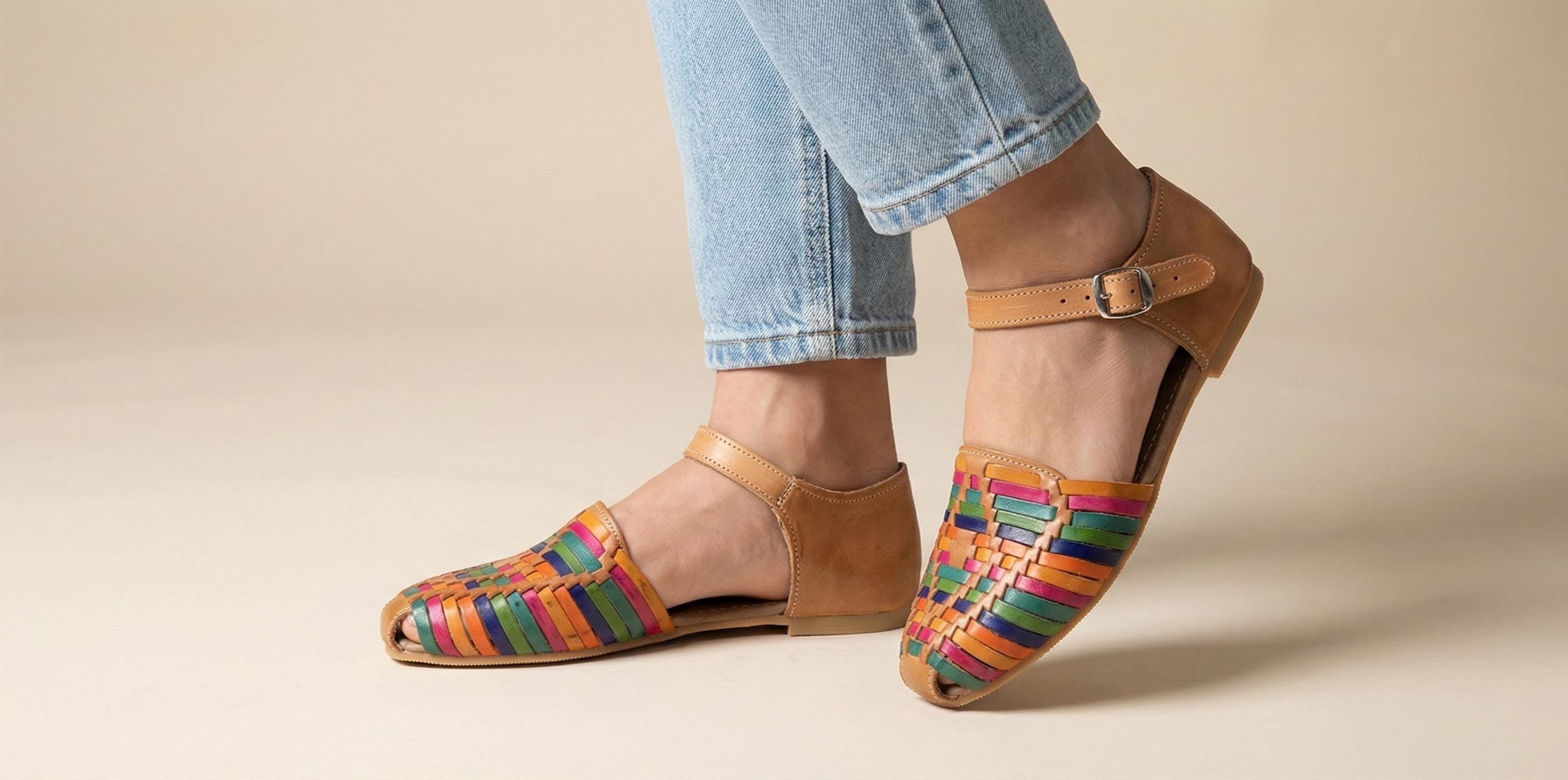 Mexican huaraches for women, closed toe, honey or multi-colored, thin straps with buckle, genuine leather made in Mexico