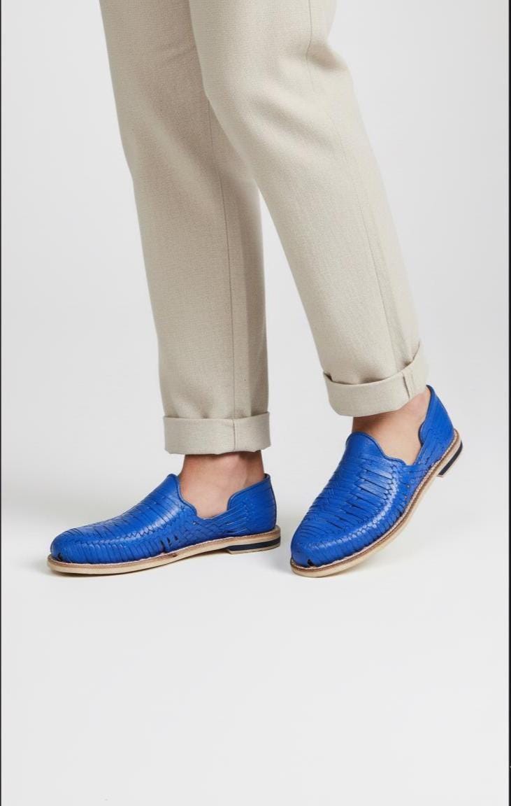 Men's Blue Leather Huaraches – Handmade, Leather Sole, Comfortable and Cool, Made in Mexico