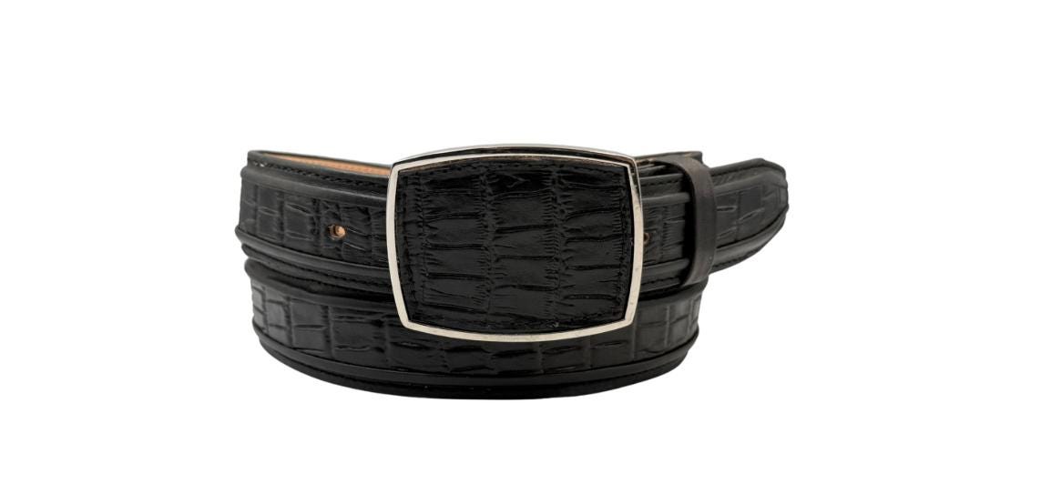 Men's crocodile-embossed leather belt, black or brown, made in Mexico, 40mm