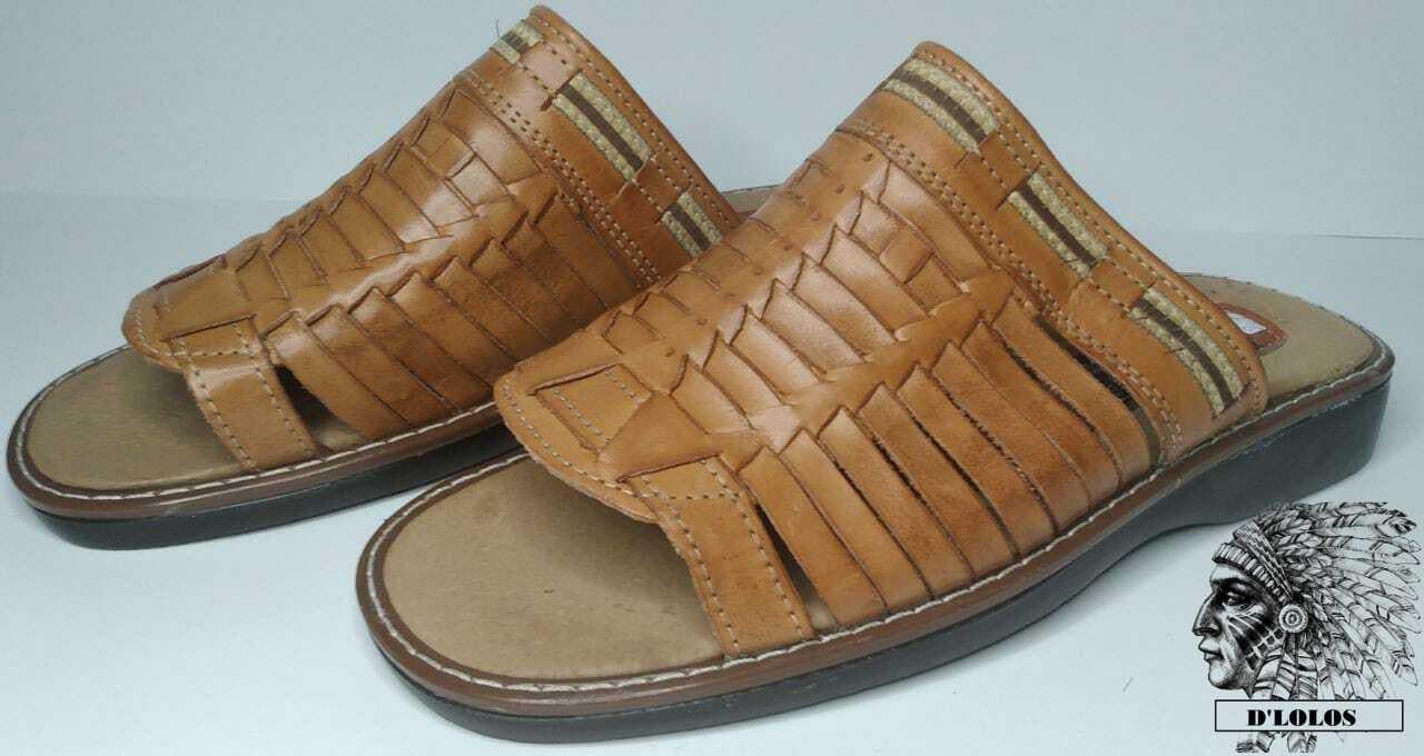 Men's mule huaraches, woven leather, honey or brown color, lightweight cushioned sole, handmade in Mexico