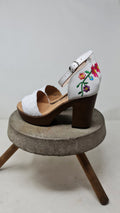 Women's Platform Huaraches – White, Embroidered Heel