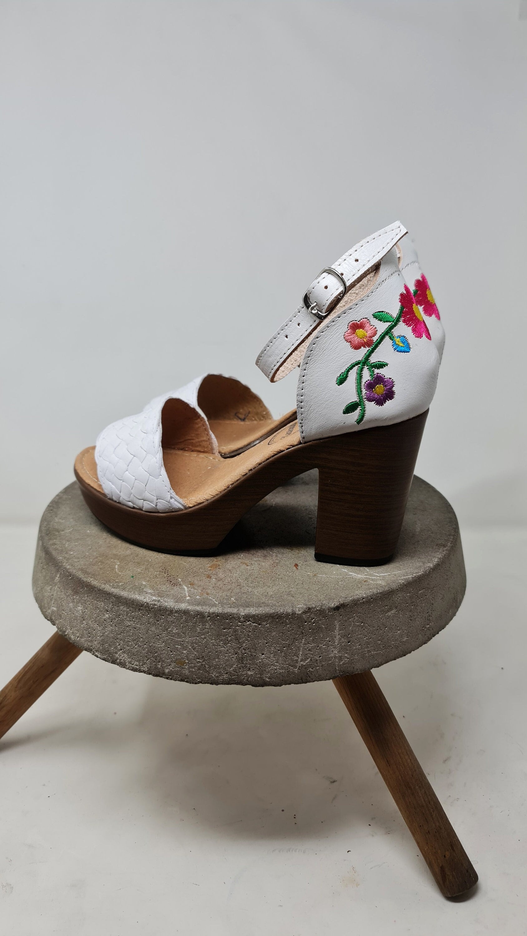 Women's white platform huarache sandals with colorful embroidered heels, Mexican huarache heels
