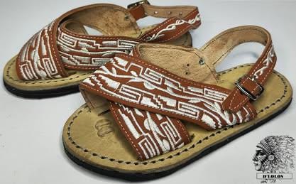 Handmade huaraches for children, brown or black leather sandals with white thread, buckle, made in Mexico