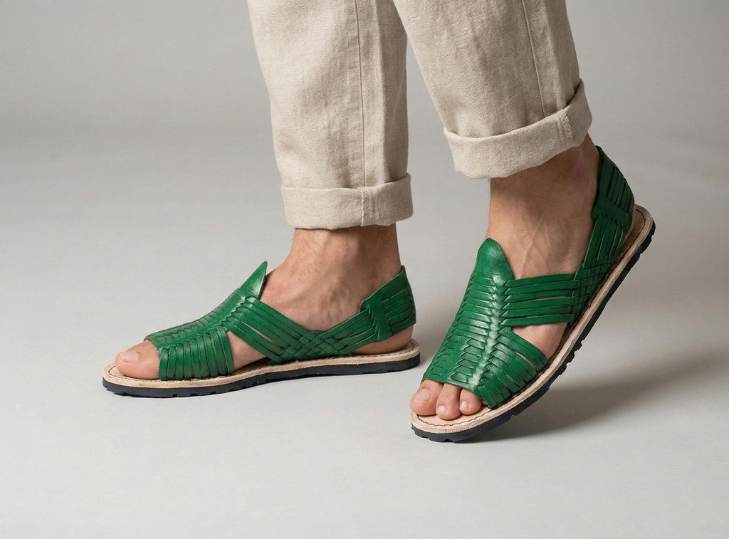 Men's Mexican Huaraches in Green – Handmade, Comfortable, and Cool, thick rubber sole, made in Mexico