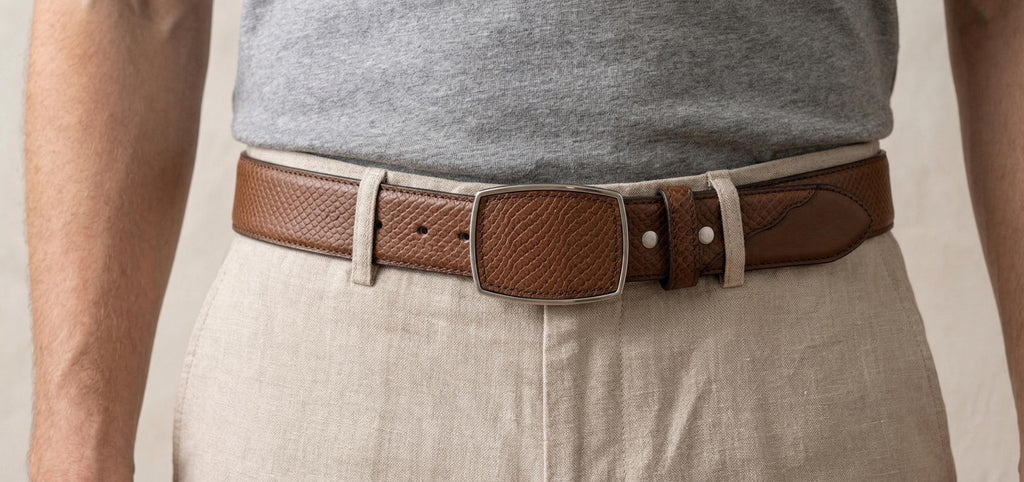 Men's snake-embossed leather belt, buckle with leather insert, 40mm, made in Mexico
