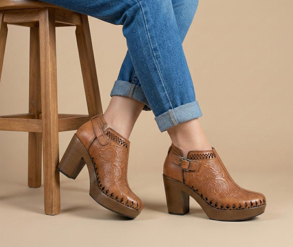 Women's boot huaraches | brown engraved leather ankle boot | lightweight platform heel | handmade in Mexico