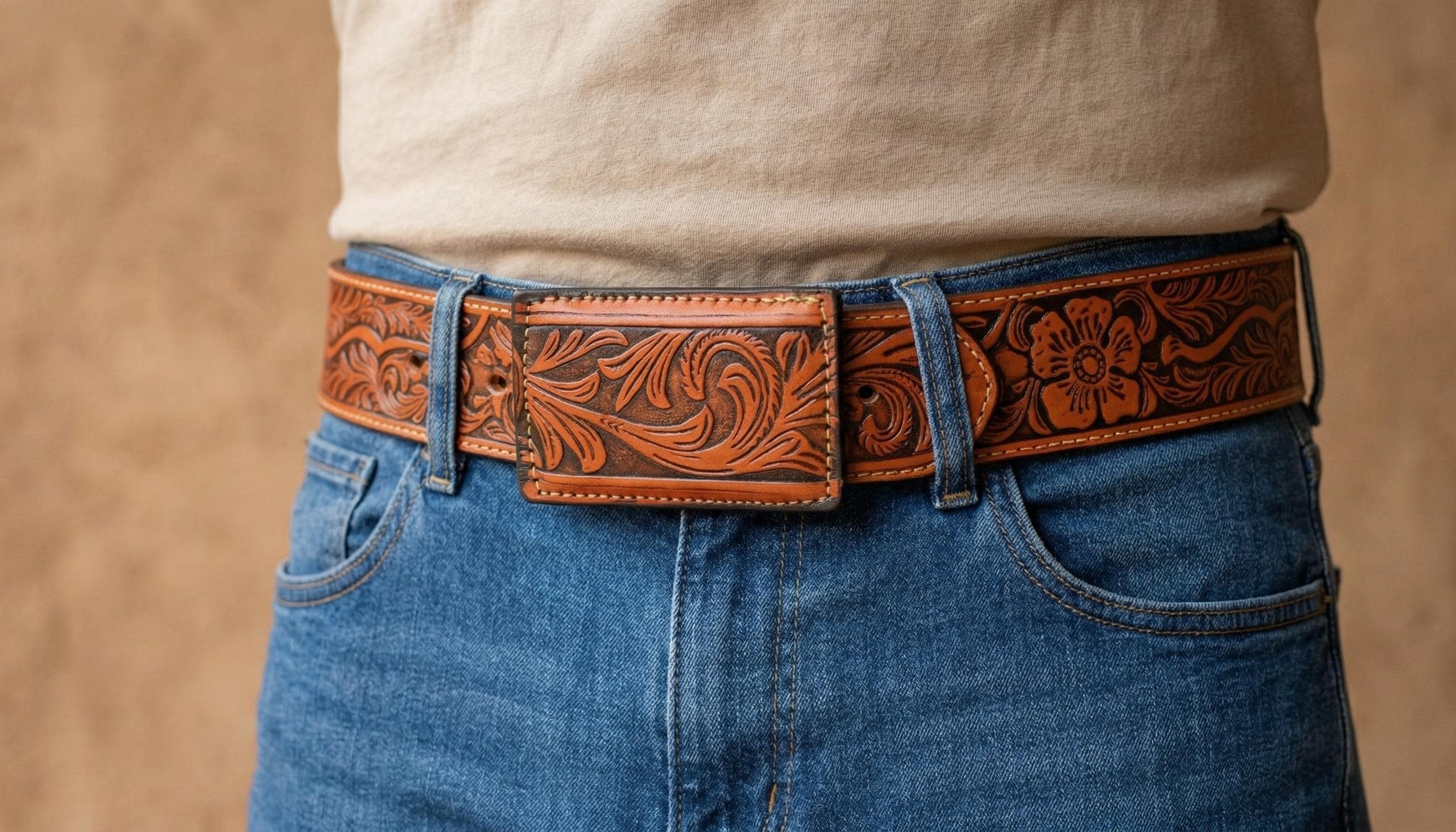 Montana-style 45mm engraved leather cowboy belt, genuine handmade cowhide from Mexico