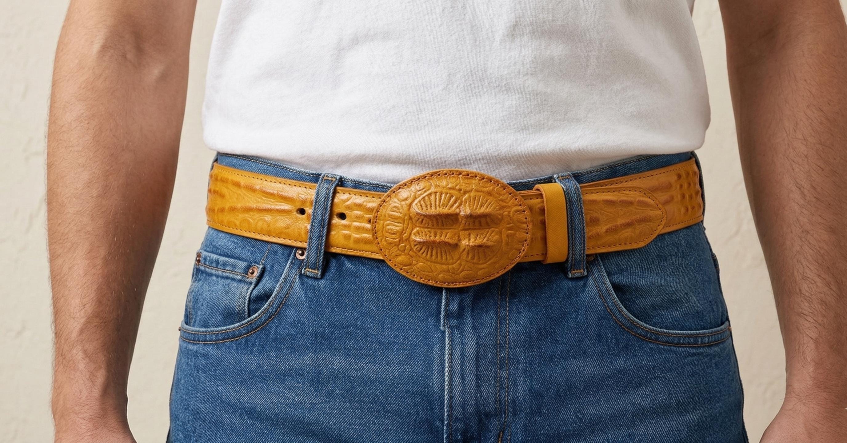 Men's imitation crocodile cowboy belt in embossed cowhide, 40mm wide, handmade belt in honey brown or black