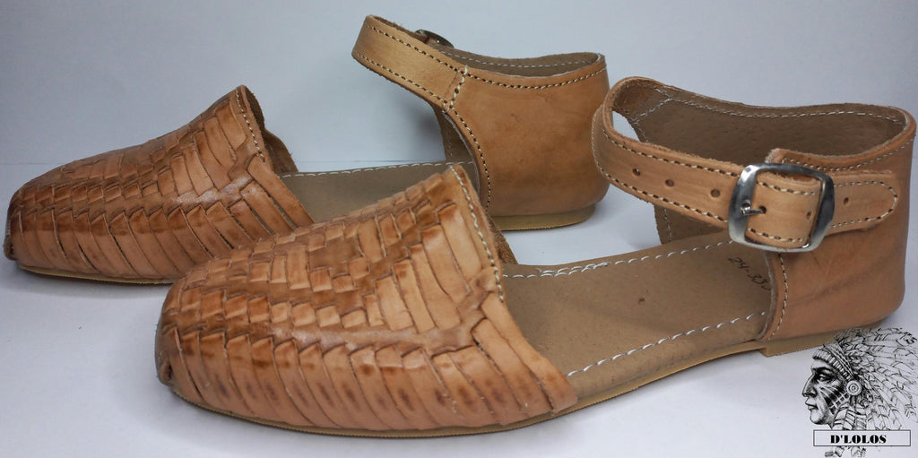 Women's honey or multicolor huaraches, top-down view of the leather upper
