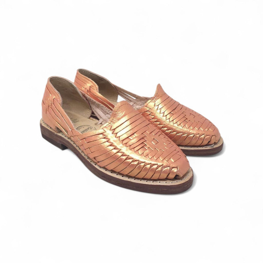 Women's closed-toe huaraches, genuine metallic rose gold leather, rawhide sole, slip-on, handmade in Mexico