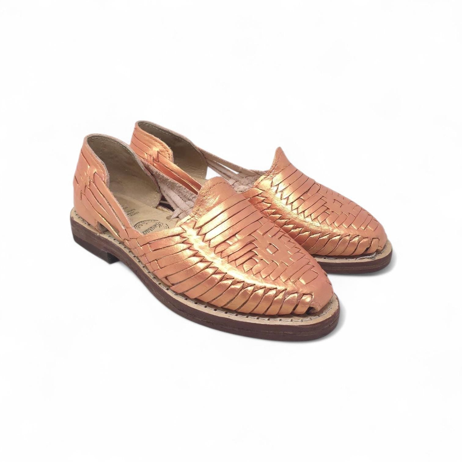 Women's closed-toe huaraches, genuine metallic rose gold leather, rawhide sole, slip-on, handmade in Mexico