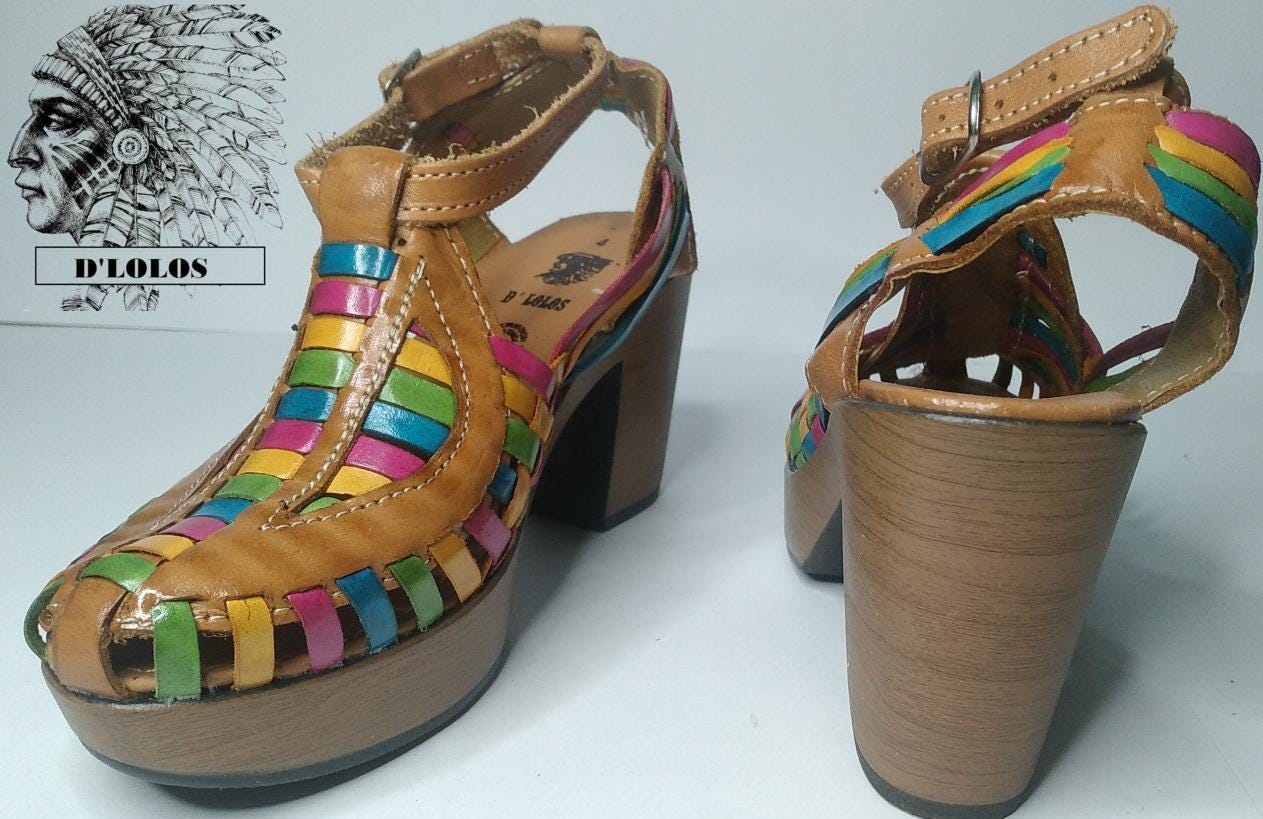 Women's closed-toe Mexican heel huaraches genuine leather honey black rainbow handmade in Mexico